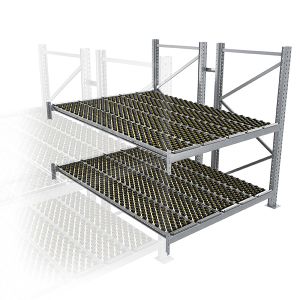 Durchlaufregal, Anbauregal, Doppelregal, Höhe 2500 mm, Breite 2700 mm, Tiefe 2400 mm, 2 Ebenen, inklusive Interroll Versi Flow Einlegemodule