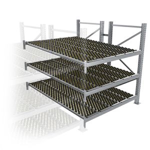 Durchlaufregal, Anbauregal, Doppelregal, Höhe 2500 mm, Breite 1800 mm, Tiefe 2400 mm, 3 Ebenen, inklusive Interroll Versi Flow Einlegemodule