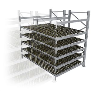 Durchlaufregal, Anbauregal, Doppelregal, Höhe 2500 mm, Breite 1800 mm, Tiefe 2400 mm, 5 Ebenen, inklusive Interroll Versi Flow Einlegemodule