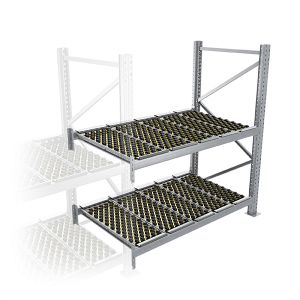 Durchlaufregal, Anbauregal,  Höhe 2500 mm, Breite 1800 mm, Tiefe 1100 mm, 2 Ebenen, inklusive Interroll Versi Flow Einlegemodule