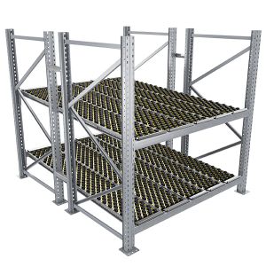 Durchlaufregal, Grundregal, Doppelregal, Höhe 2500 mm, Breite 2700 mm, Tiefe 2400 mm, 2 Ebenen, inklusive Interroll Versi Flow Einlegemodule