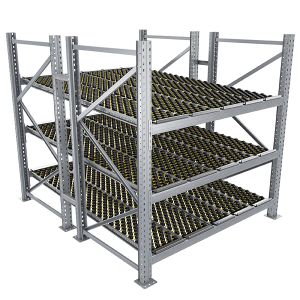 Durchlaufregal, Grundregal, Doppelregal, Höhe 2500 mm, Breite 2700 mm, Tiefe 2400 mm, 3 Ebenen, inklusive Interroll Versi Flow Einlegemodule