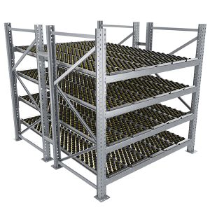 Durchlaufregal, Grundregal, Doppelregal, Höhe 2500 mm, Breite 2700 mm, Tiefe 2400 mm, 4 Ebenen, inklusive Interroll Versi Flow Einlegemodule