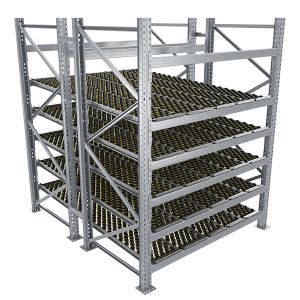 Durchlaufregal, Grundregal, Doppelregal, Höhe 2500 mm, Breite 2700 mm, Tiefe 2400 mm, 5 Ebenen, inklusive Interroll Versi Flow Einlegemodule