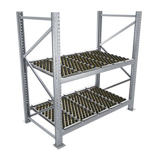 Durchlaufregal, Grundregal,  Höhe 2500 mm, Breite 3600 mm, Tiefe 1100 mm, 2 Ebenen, inklusive Interroll Versi Flow Einlegemodule