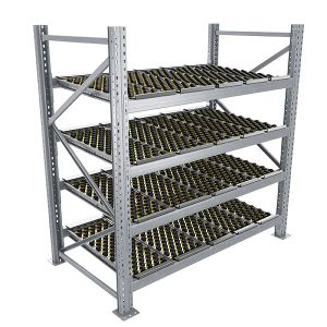Durchlaufregal, Grundregal,  Höhe 2500 mm, Breite 1800 mm, Tiefe 1100 mm, 4 Ebenen, inklusive Interroll Versi Flow Einlegemodule