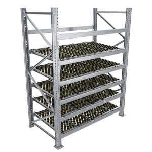 Durchlaufregal, Grundregal,  Höhe 2500 mm, Breite 1800 mm, Tiefe 1100 mm, 5 Ebenen, inklusive Interroll Versi Flow Einlegemodule