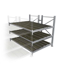 Durchlaufregal, Anbauregal, Doppelregal, Höhe 2500 mm, Breite 1800 mm, Tiefe 2400 mm, 3 Ebenen, inklusive Interroll Versi Flow Einlegemodule