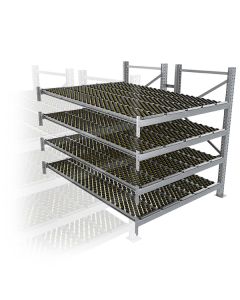 Durchlaufregal, Anbauregal, Doppelregal, Höhe 2500 mm, Breite 2700 mm, Tiefe 2400 mm, 4 Ebenen, inklusive Interroll Versi Flow Einlegemodule