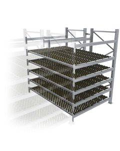 Durchlaufregal, Anbauregal, Doppelregal, Höhe 2500 mm, Breite 1800 mm, Tiefe 2400 mm, 5 Ebenen, inklusive Interroll Versi Flow Einlegemodule