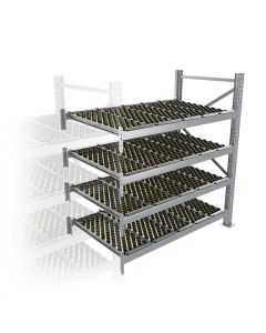 Durchlaufregal, Anbauregal,  Höhe 2500 mm, Breite 1800 mm, Tiefe 1100 mm, 4 Ebenen, inklusive Interroll Versi Flow Einlegemodule