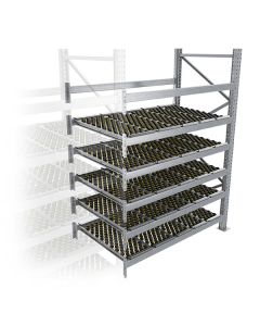 Durchlaufregal, Anbauregal,  Höhe 2500 mm, Breite 3600 mm, Tiefe 1100 mm, 5 Ebenen, inklusive Interroll Versi Flow Einlegemodule