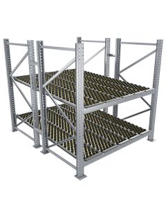 Durchlaufregal, Grundregal, Doppelregal, Höhe 2500 mm, Breite 1800 mm, Tiefe 2400 mm, 2 Ebenen, inklusive Interroll Versi Flow Einlegemodule