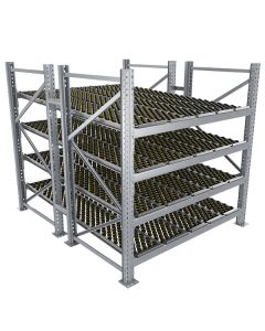 Durchlaufregal, Grundregal, Doppelregal, Höhe 2500 mm, Breite 2700 mm, Tiefe 2400 mm, 4 Ebenen, inklusive Interroll Versi Flow Einlegemodule