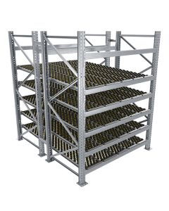 Durchlaufregal, Grundregal, Doppelregal, Höhe 2500 mm, Breite 2700 mm, Tiefe 2400 mm, 5 Ebenen, inklusive Interroll Versi Flow Einlegemodule