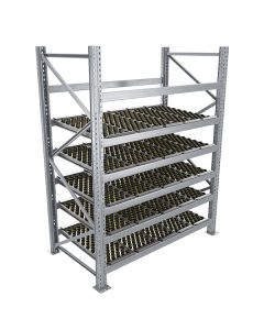Durchlaufregal, Grundregal,  Höhe 2500 mm, Breite 3600 mm, Tiefe 1100 mm, 5 Ebenen, inklusive Interroll Versi Flow Einlegemodule